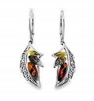 Kolczyki srebrne z BURSZTYNEM zapięcie angielskie wiszące liść