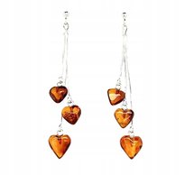 Kolczyki Wiszące Długie Serduszka Srebrne z Bursztynem 925