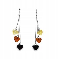 Kolczyki Wiszące Długie Serduszka Srebro Bursztyn Srebrne z Bursztynem 925