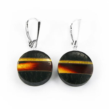 Kolczyki wiszące okrągłe z bursztynem, czarnym dębem i srebrem 5436 - Inna marka