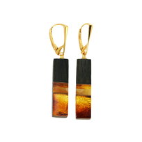 Kolczyki złocone, wiszące, prostokątne z czarnym dębem, bursztynem 7958