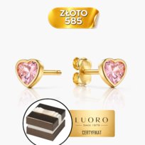 KOLCZYKI ZŁOTE 585 14K SERCA Z RÓŻOWYM KAMIENIEM 5 MM SZTYFT PREZENT Luoro