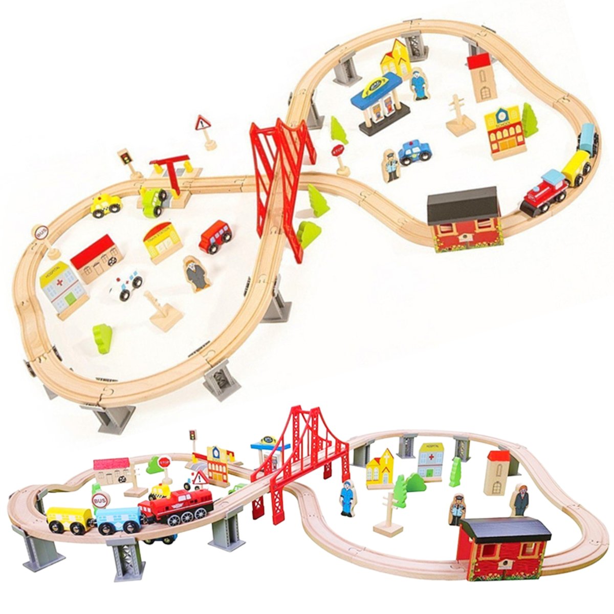 Zdjęcia - Tor samochodowy / kolejowy MOST Kolejka Drewniana Pociąg Zabawka Dla Dziecka 70 Elementów  + Tunel 3+ 