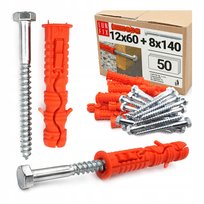 Kołki Rozporowe 12X60Mm Zestaw Z Wkrętem Z Łbem Sześciokątnym 8X140Mm 50Szt