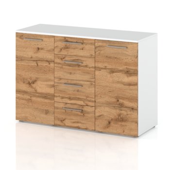Komoda 4 Szuflady Szafka Duża Pojemna 2 Drzwi Biała Mat Dąb Wotan 150 Cm - Concordia