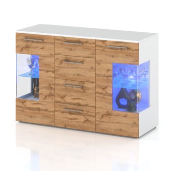 Komoda 4 Szuflady Szafka Duża Pojemna Drzwi Biały Mat Dąb Wotan Led 150 Cm - Concordia