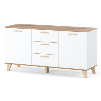 Komoda Biała Z Drewnem Olivier 150cm Pojemna Szafka Rtv Z 3 Szufladami - Hurtownia Mebli