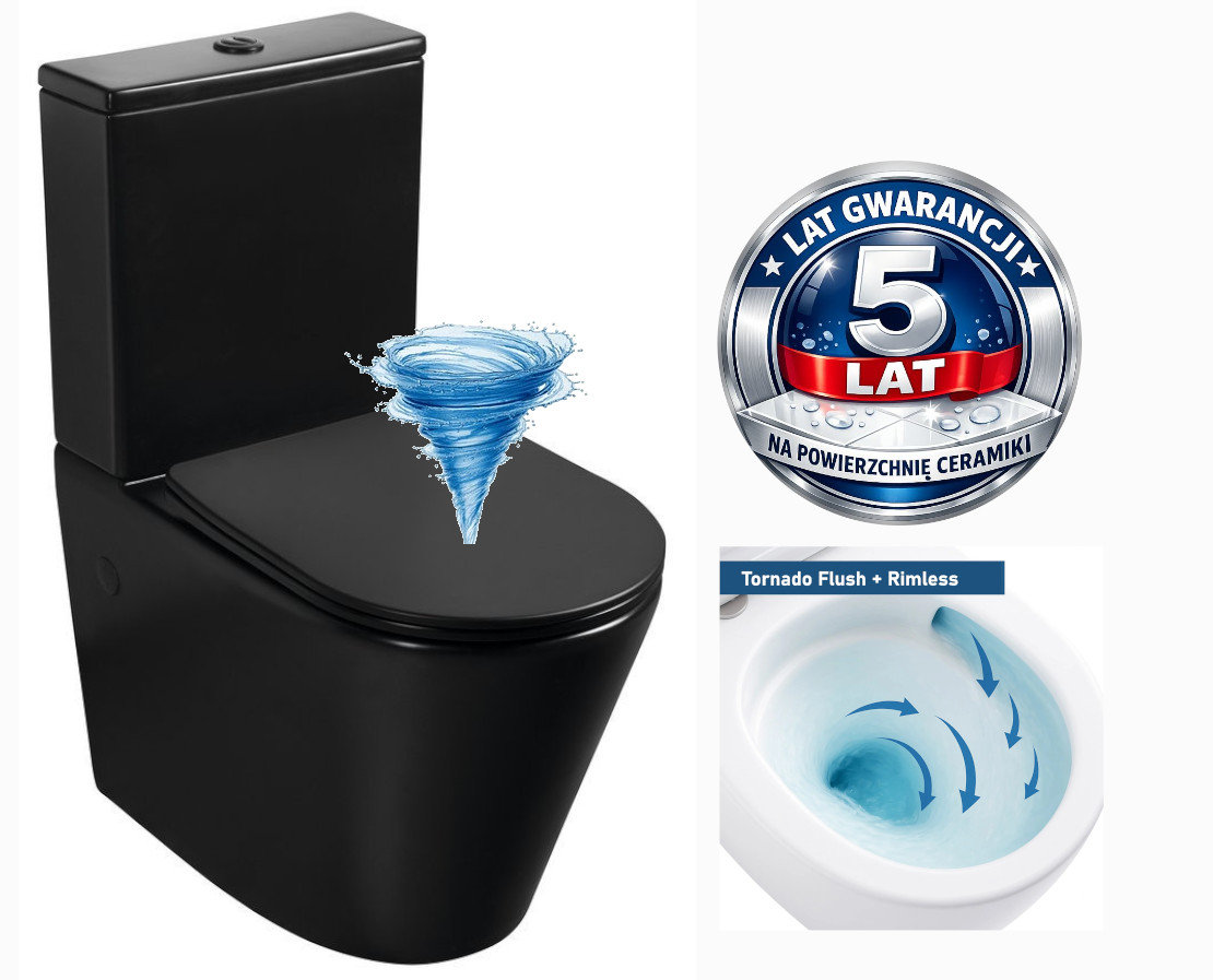 Kompakt WC premium 815x385x630 mm spłukiwanie tajfun tornado , odpływ pionowy/poziomy +deska SLIM Soft Close duroplsast , CZARNY MAT Costabella / 5 ..