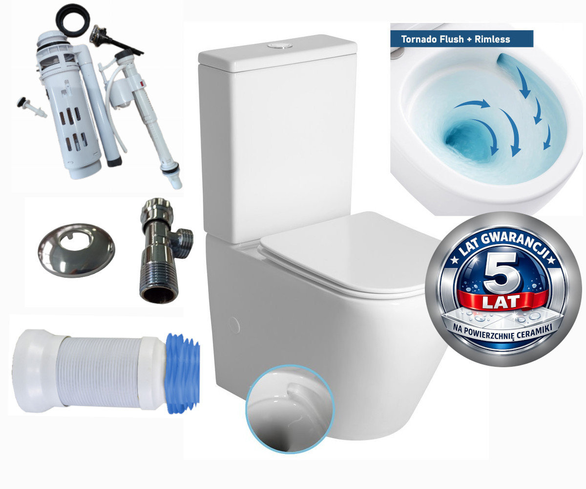 Kompakt WC premiunm 815x385x630 mm spłukiwanie tajfun tornado , odpływ pionowy/poziomy +deska SLIM Soft Close duroplsast , biały Costabella + Przyłą..