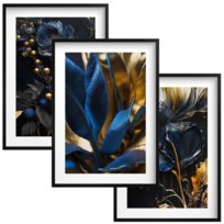 Komplet 3 Plakatów na ścianę salonu Ozdoba ścienne Złote niebieskie Kwiaty