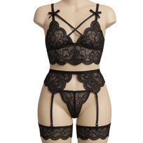  Komplet 5 Części Bielizna Stanik Koronka Top Figi Kolor Czarny