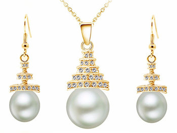 Komplet eleganckiej biżuterii wiszące białe perły wyjątkowy wzór trójkąciki - Lovrin