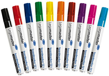 Komplet markerów do tablic suchościeralnych (czarny, czerwony, niebieski, zielony, żółty, pomarańczowy, brązowy, fioletowy, różowy, błękitny) Marka: LEGAMASTER, Grubość linii: 1,5-3 mm, Kolor: mix ko