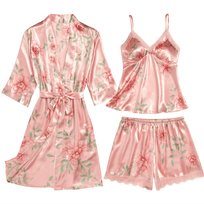  Komplet Piżama Damska 3W1 Satynowy Szlafrok Koszulka Nocna Majtki