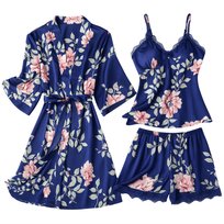  Komplet Piżama Damska 3W1 Satynowy Szlafrok Koszulka Nocna Majtki