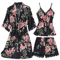  Komplet Piżama Damska 3W1 Satynowy Szlafrok Koszulka Nocna Majtki