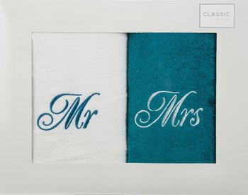 Komplet ręczników 2 szt. Mr-Mrs 50x90 Eurofirany biały / c.turkusowy - Eurofirany