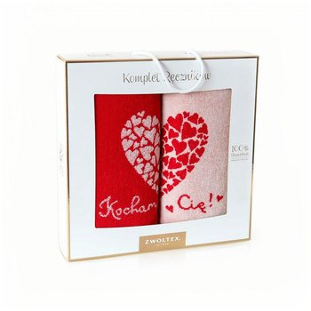 Komplet ręczników w pudełku 2 szt Walentynki zakochani Kocham Cię 70x130 czerwony kremowy na prezent - Zwoltex