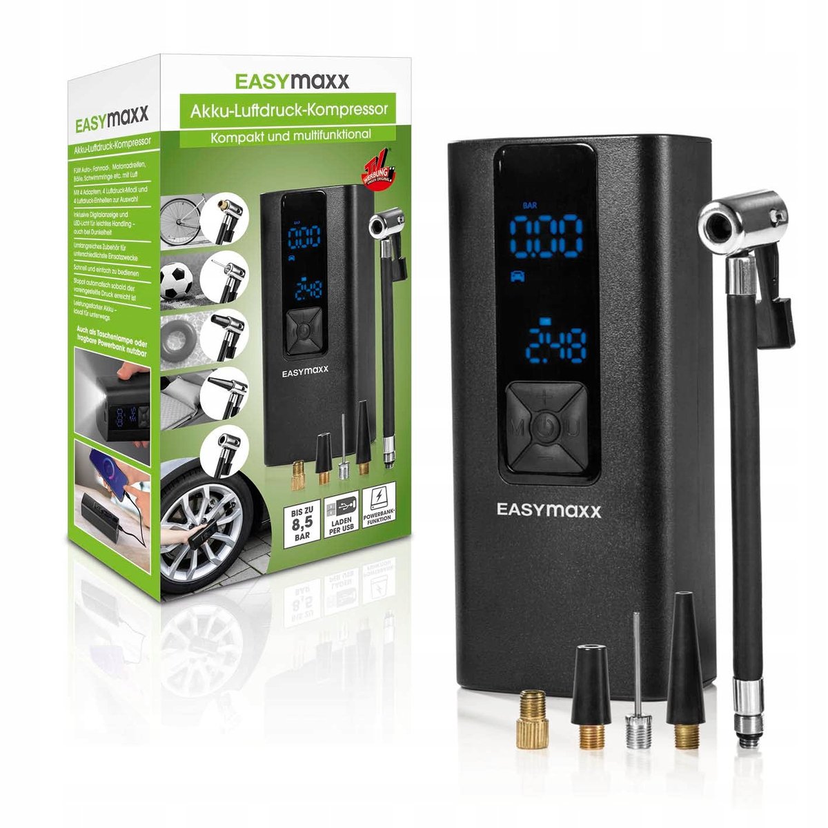 Amazon KOMPRESOR ELEKTRYCZNA POMPKA DO OPON CYFROWA Z UNIWERSALNYMI KOŃCÓWKAMI