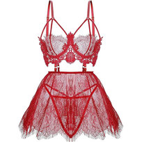 Koronkowy Komplet Bielizna Damska Stanik Koszulka Stringi Walentynki Kolor Bordowy