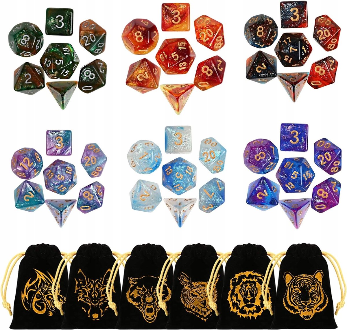 KOSTKI KOŚCI WIELOŚCIENNE DO GRY Dungeons and Dragons BŁYSZCZĄCE ZESTAW x42