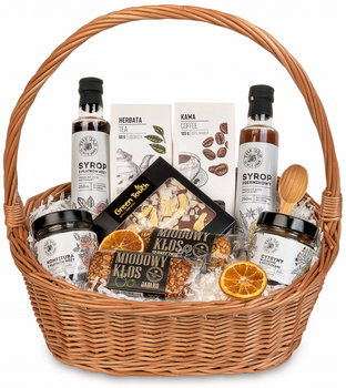 Kosz prezentowy motyw biały wiklinowy z herbatą i kawą słodycze syropy - Green Touch