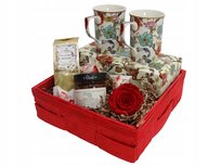 Kosz prezentowy z kubkami William Morris Anthina róża herbata Dzień Kobiet