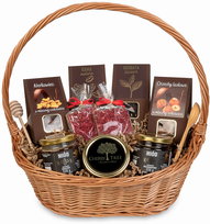 Kosz prezentowy zestaw ciemny z herbatą kawą i słodyczami miody konfitura