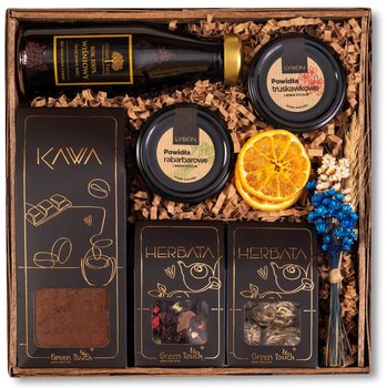 Kosz prezentowy zestaw herbat kwitnących kawa sok powidła kwiaty prezent
