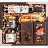 Kosz prezentowy zestaw kawa;syrop;miód;cytryny. Pudełko prezentowe