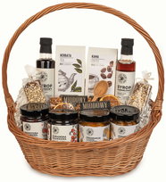 Kosz prezentowy zestaw owoców syropie kawa herbata syropy czekolada