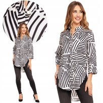 Koszula Damska Z Rękawem 3/4 Geometryczne Wzory W Paski Rozpinana Moraj M Patt3