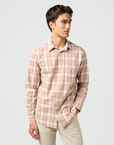 KOSZULA MĘSKA KRATKA LEN WRANGLER 112362768 1 PKT SHIRT TAN L Wrangler