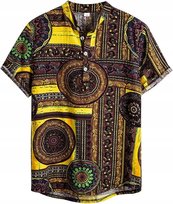 KOSZULA MĘSKA L Lniana krótki rękaw casual retro wzór letnia LEN BAWEŁNA Produkt bezmarkowy