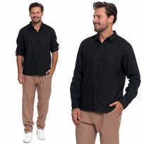 Koszula Męska Lniana Z Długim Rękawem Lekka Elegancka Klasyczna Moraj 3Xl Black