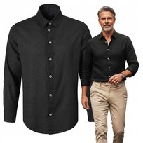 KOSZULA Męska z Długim Rękawem LNIANA Bawełna CZARNA 3XL Regular Fit Pako Jeans Pako Jeans
