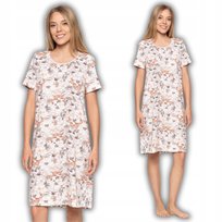 KOSZULA NOCNA DAMSKA BAWEŁNA KRÓTKI RĘKAW PRZED KOLANO W KWIATY MORAJ L ECRU