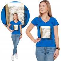 Koszulka Damska T-Shirt Bawełniana Ze Złotym Błyszczącym Nadrukiem Moraj S Blue