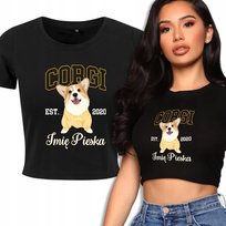 KOSZULKA KRÓTKA DAMSKA Czarna Na Prezent Dla Psiary CORGI IMIĘ Wzory - L