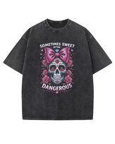 Koszulka oversize efekt sprania Czaszka Kokarda Kwiaty czarny XL