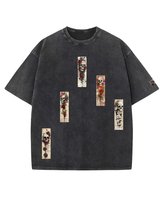 Koszulka oversize efekt sprania Czaszki i Kwiaty Stylizowane Czarny XL
