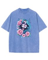 Koszulka oversize efekt sprania Kobieta Kwiaty jasnoniebieski L