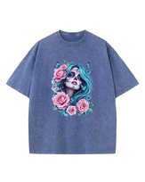 Koszulka oversize efekt sprania Kobieta Kwiaty niebieski XL