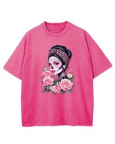 Koszulka oversize efekt sprania Meksykańska Kobieta Kwiaty różowy M