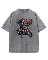 Koszulka oversize efekt sprania Motocykl Kobieta Kwiaty szary L