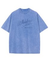 Koszulka oversize efekt sprania Nadruk brokatowy Whiskey Jasnoniebieski L