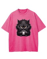 Koszulka oversize efekt sprania nadruk Czarny Kotek różowy XL