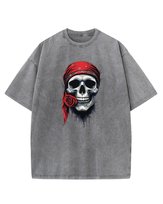 Koszulka oversize efekt sprania Piracka Czaszka Kwiat szary XL