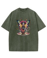 Koszulka oversize efekt sprania Słodka Wróżka Kwiaty khaki XXL