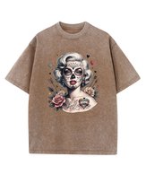 Koszulka oversize efekt sprania Tatuaż Marilyn Monroe brązowy M